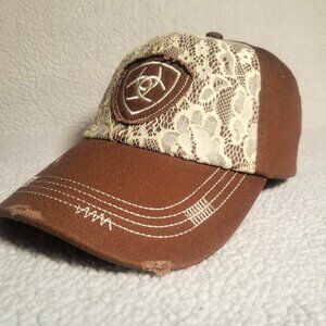 NWOT Ariat Lace Logo Distressed Women's Cap/Hat Cream and Brown - Adjustable OS